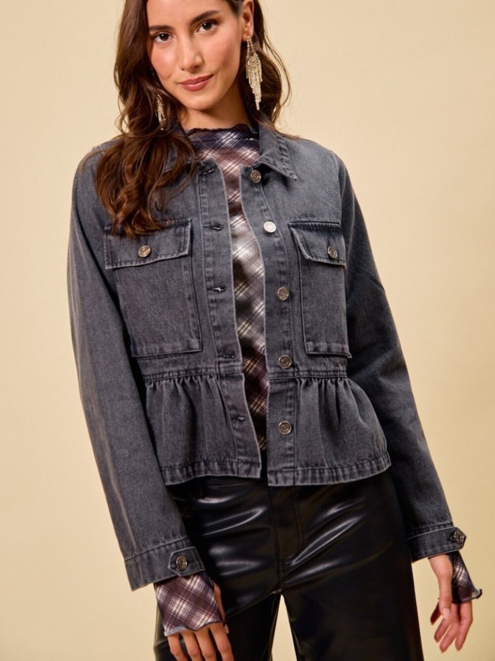 Denim Peplum Hem Front Button Jacket With Pockets